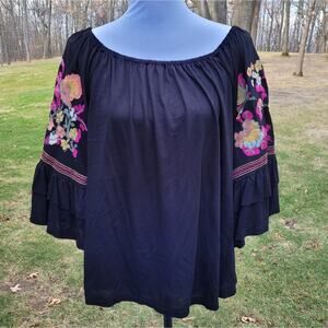 Altar'd State Black Embroidered Boho Off Shoulder Top with Bell Sleeves size Med